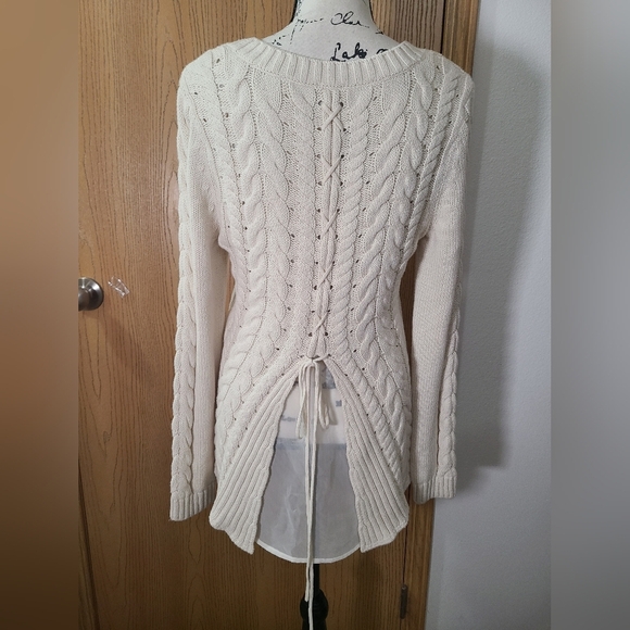CAbi Sweaters - Cabi Lace Up Back Chiffon Insert Cable Knit Cream Sweater